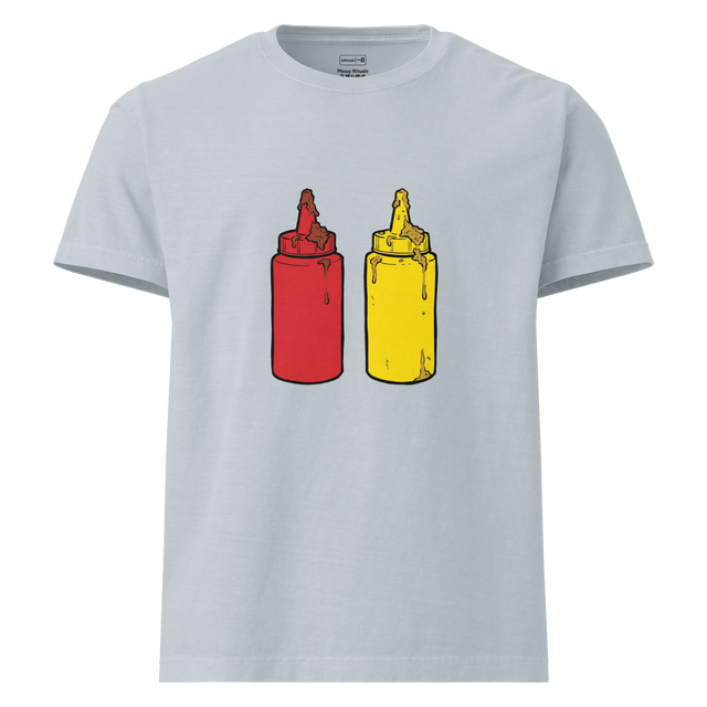 Marker illustration of a messy squeezy ketchup and mustard bottle pair on an Oversize T-Shirt.