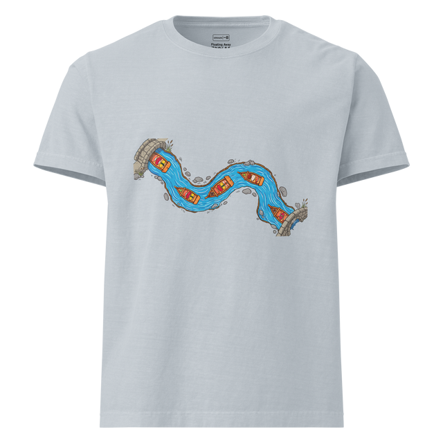 Spacious birds-eye view marker drawing of a winding sushi boat river stream on an oversize t-shirt.