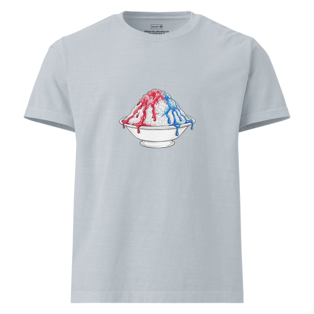 Delicate Kakigori shaved ice graphic in color pencils with dripping blue and red syrup on a white oversize t-shirt.