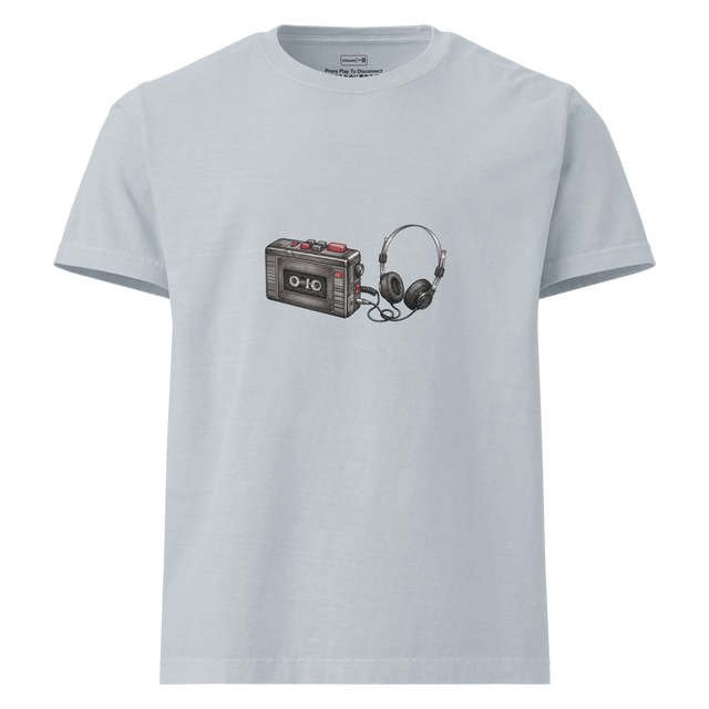 Oversize T-Shirt featuring a cross-hatch illustration of a vintage cassette player and foam headphones.