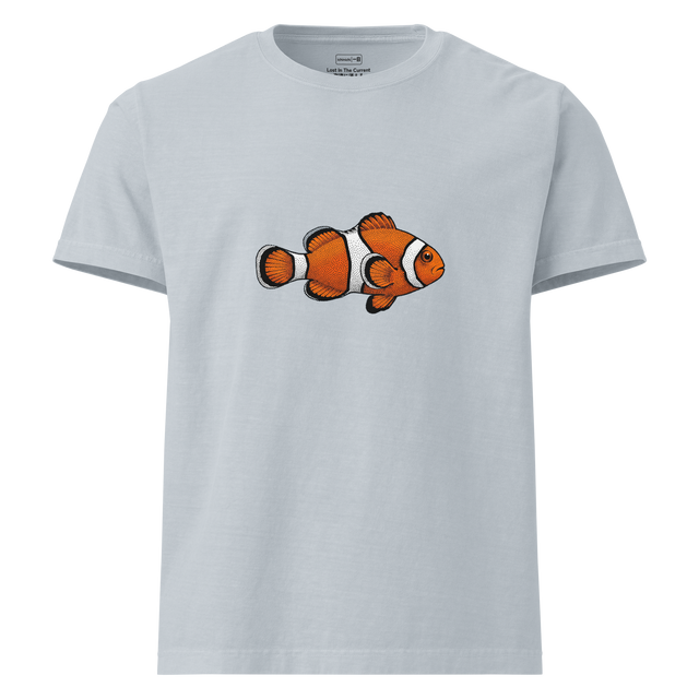 A minimalist oversize t-shirt featuring a vibrant orange and white clown fish rendered in a bold stippling dot pattern.