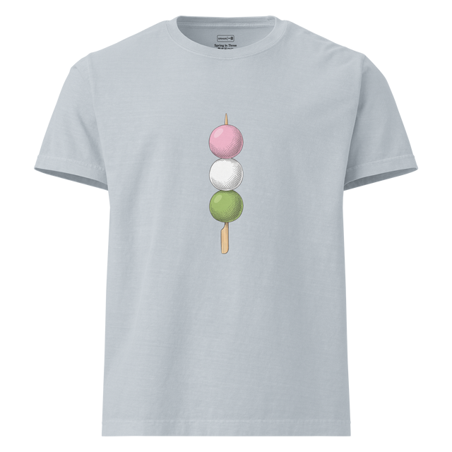 Hand-drawn color pencil illustration of pink white and green hanami dango on an Oversize T-Shirt
