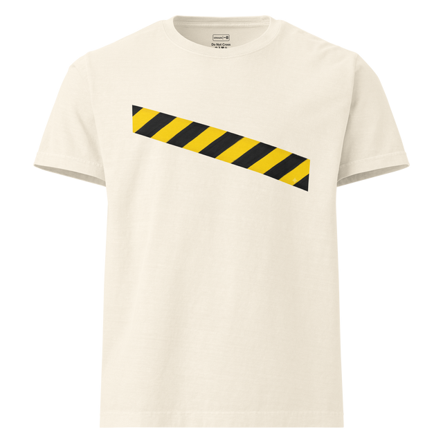 Oversize T-Shirt featuring painted yellow and black diagonal caution tape stripes.