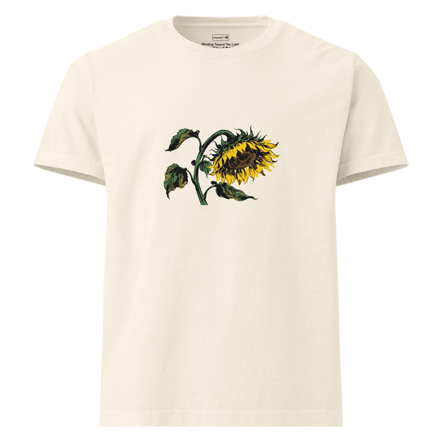 A clean digital mock-up of an Oversize T-Shirt featuring a full color ink wash illustration of a single drooping sunflower on the front.