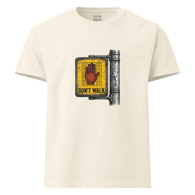 Cross-hatch ink illustration of a rusted yellow digital sign featuring an LED light grid forming a reddish-orange hand on an Oversize T-Shirt.