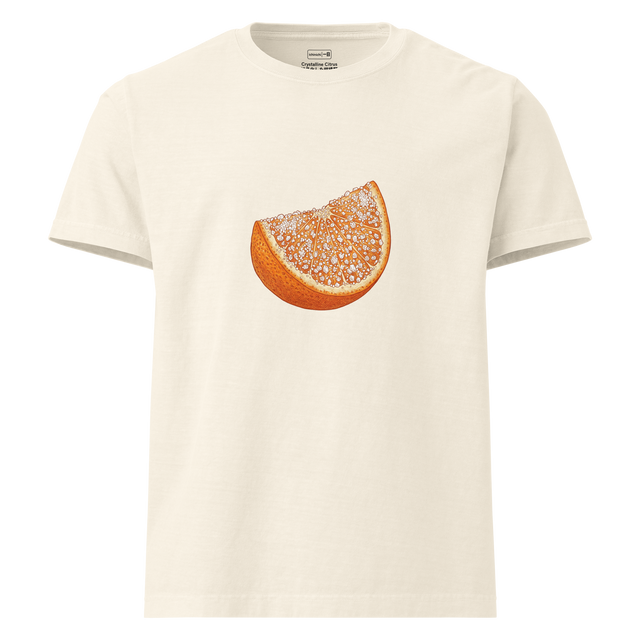 A minimalist oversize t-shirt featuring a cross hatch colored pencil illustration of a vibrant sugared orange slice.