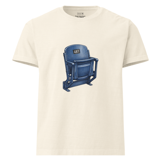 A hand-drawn color pencil illustration of an old school folded stadium seat printed on an Oversize T-Shirt.
