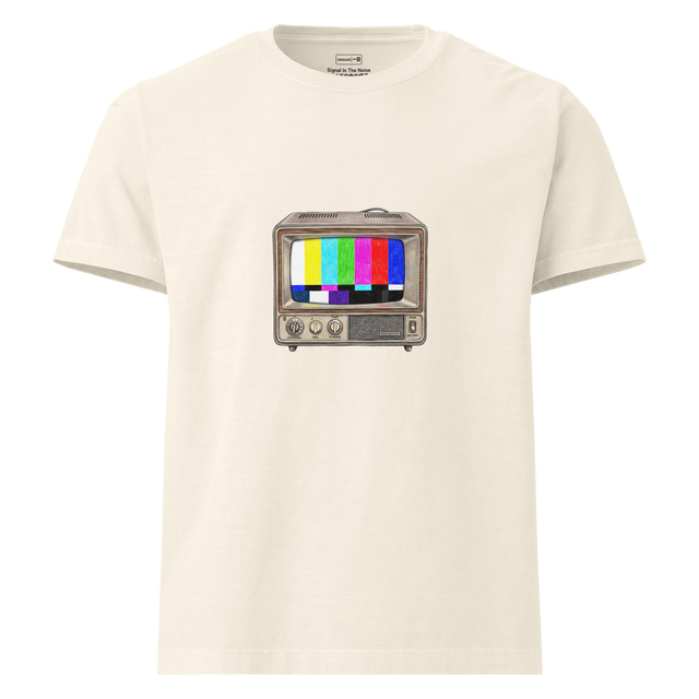 Oversize T-Shirt featuring a vintage television set displaying a classic color bar test pattern rendered in colored pencil.