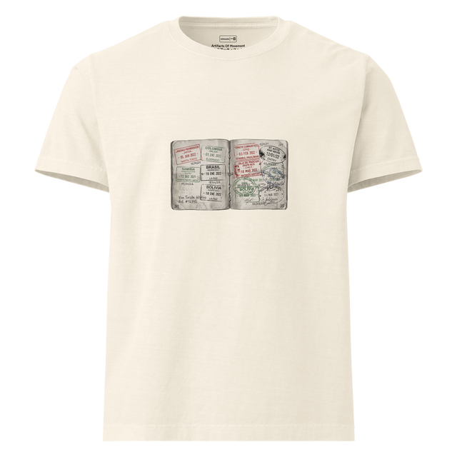 Hand-drawn color pencil illustration of faded passport visa stamps on an Oversize T-Shirt