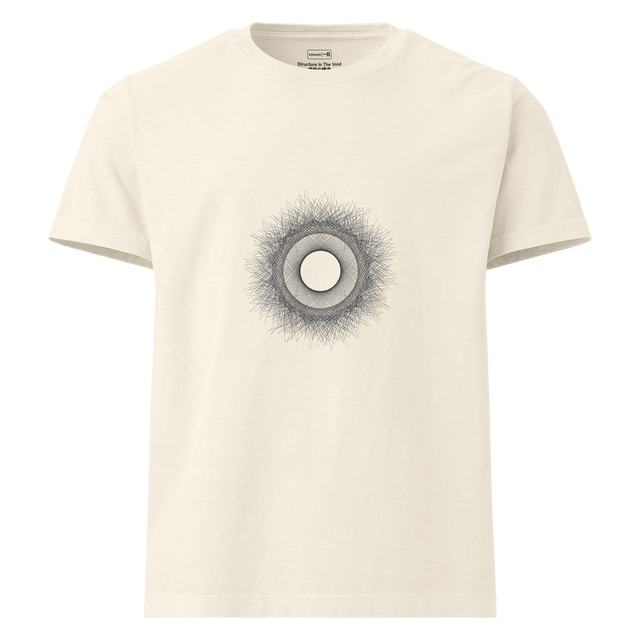 Absolute Tangent sharp architect ink black only overlapping tangents creating an emergent circle on an Oversize T-Shirt.