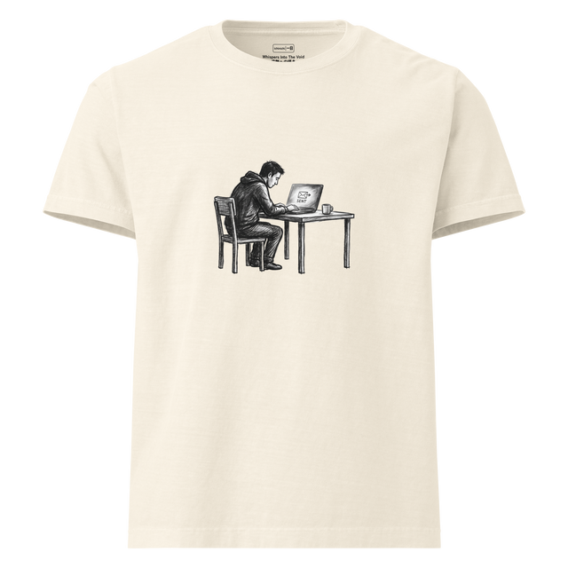Rough charcoal sketch of a solitary figure waiting at a glowing screen on a minimalist Oversize T-Shirt.
