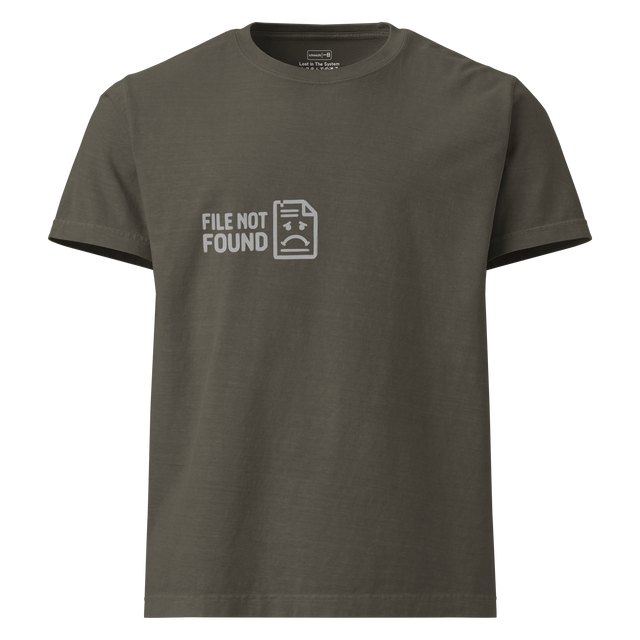 A minimalist light grey line drawing of a frowning computer document and MS-DOS text printed on an Oversize T-Shirt.