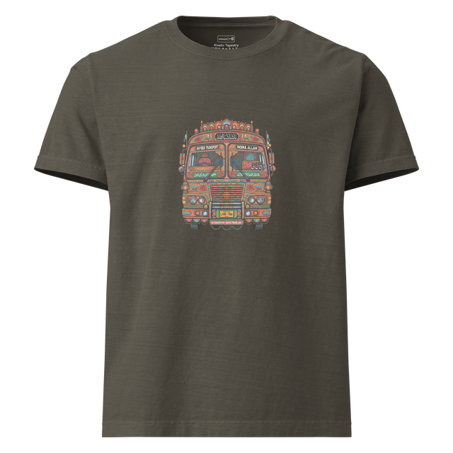 Scaled-up marker illustration of a highly decorated Pakistani bus front printed on an oversize t-shirt.
