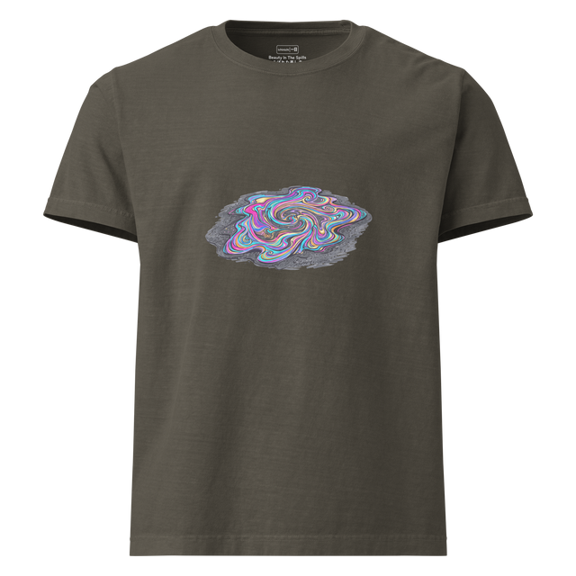 An Oversize T-Shirt featuring a graphic of a swirling, iridescent oil slick on dark asphalt painted with clean lines.