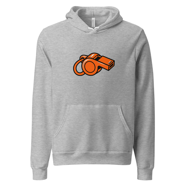 A large orange whistle illustrated in a minimalist style on a grey Pullover Hoodie.