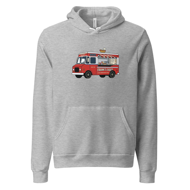 Minimalist illustration of a classic hot dog food truck with clean lines on a Pullover Hoodie.