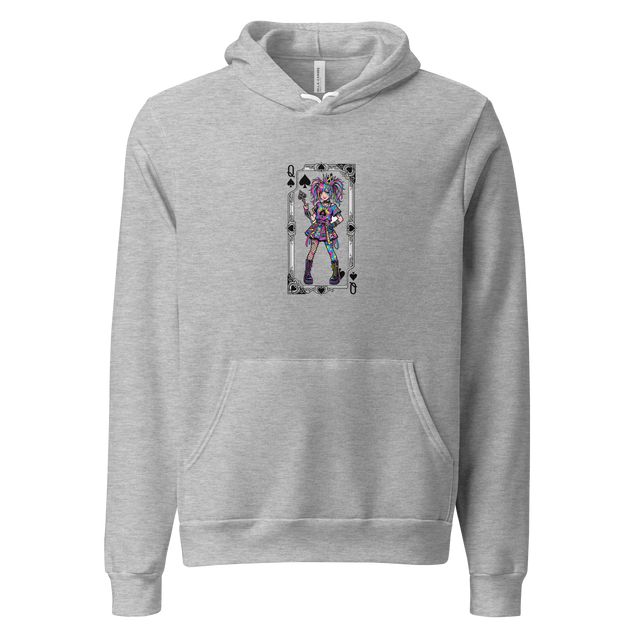 Graphic illustration of a Harajuku girl as the Queen of Spades on a Pullover Hoodie.