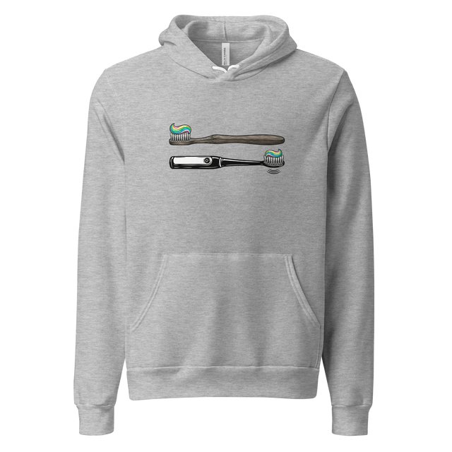 High-contrast graphic of manual and electric brushes side-by-side on a Pullover Hoodie.