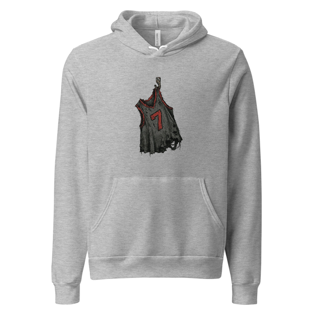 Minimalist cross-hatch jersey graphic with number 7 and rusted hook, Pullover Hoodie.