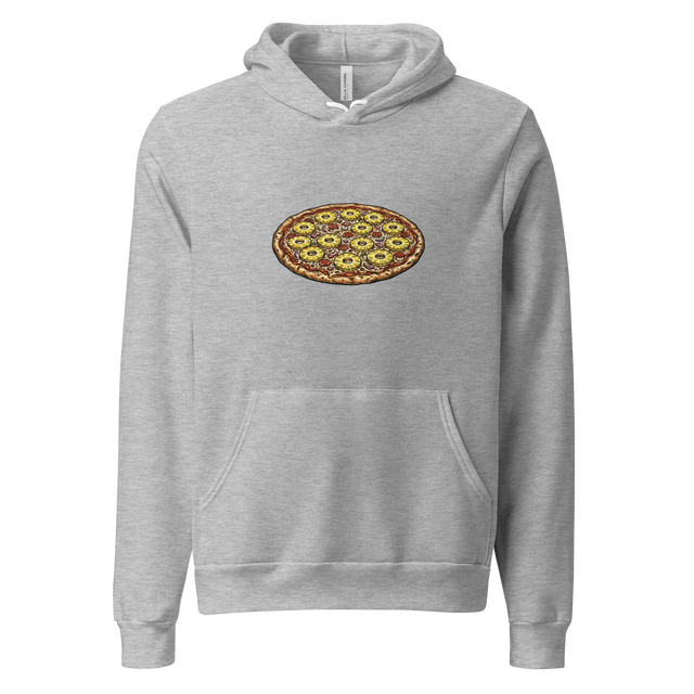 Minimalist marker illustration of a bird's eye view pizza with pineapple rings on a Pullover Hoodie.