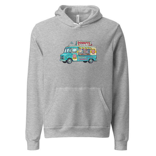 Vibrant marker illustration of a donut truck centered on a minimalist Pullover Hoodie.