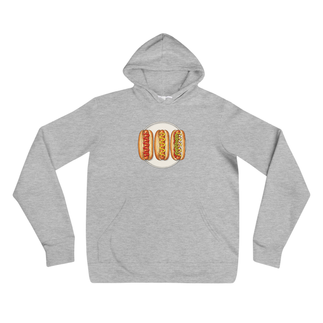 Bird's-eye view illustration of three hot dogs with varying toppings in a color pencil style on a Pullover Hoodie.