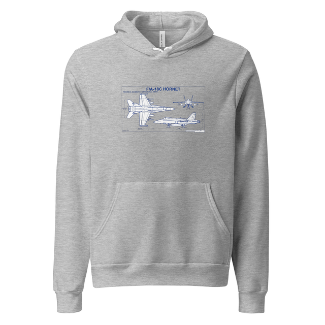 White line architects blue print schematic of an F/A-18 fighter jet on a Pullover Hoodie.