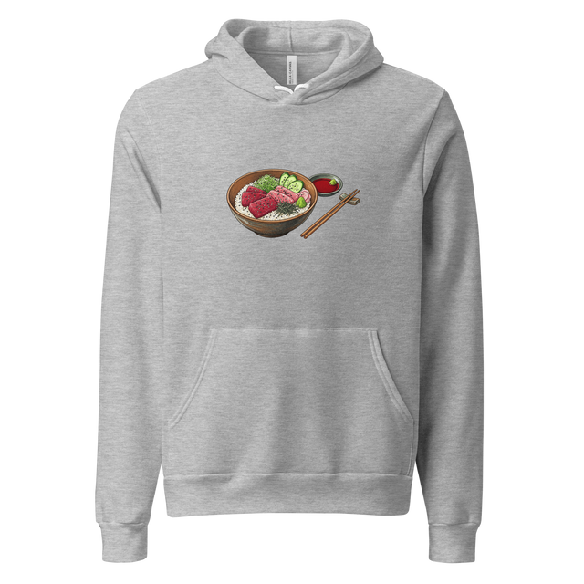 Textured stippling graphic of a tuna rice bowl on a comfortable pullover hoodie.