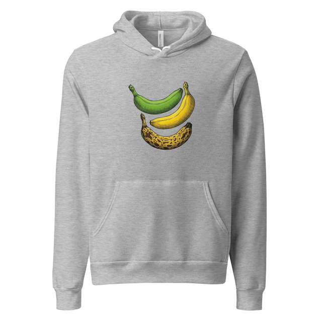 A vertical cross-hatch pen illustration of ripening bananas on a Pullover Hoodie.