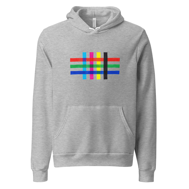 Minimalist pullover hoodie featuring intersecting CMYK and RGB stripes with halftone blending patterns.