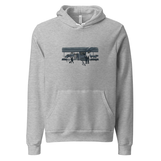 Two distant silhouettes at a departure gate drawn in cross-hatch ink on a Pullover Hoodie.