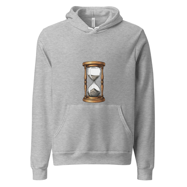 Cross-hatch ink illustration of an hourglass with wooden frame on a pullover hoodie.
