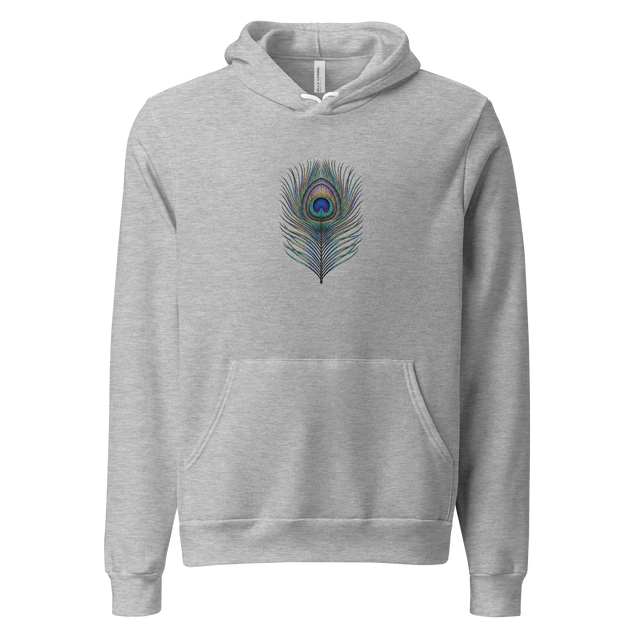 Detailed peacock feather design rendered in vibrant stippling dotwork on a unisex pullover hoodie.