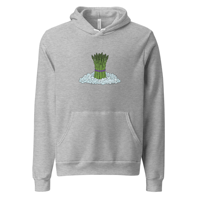 Hand-drawn colored pencil illustration of green asparagus in crushed ice with purple band, pullover hoodie.