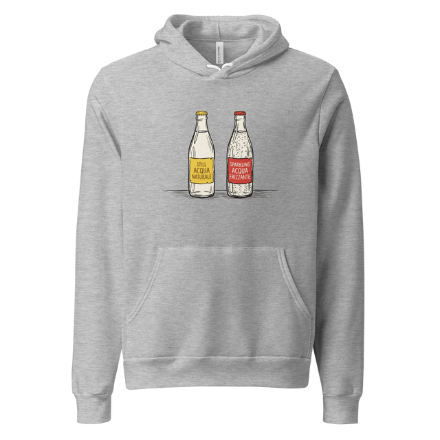 Clean paint brush illustration of still and sparkling water bottles on a café table, pullover hoodie.