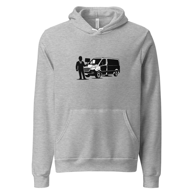 Solid black marker silhouette of an airport driver and van on a pullover hoodie.