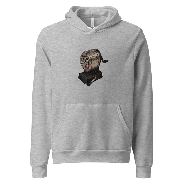 Cross-hatch ink illustration of a rusted mechanical pencil sharpener on a Pullover Hoodie.