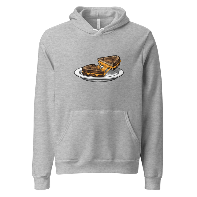 Pullover Hoodie featuring a cross-hatch ink illustration of a diagonally cut grilled cheese sandwich with stretching cheddar.