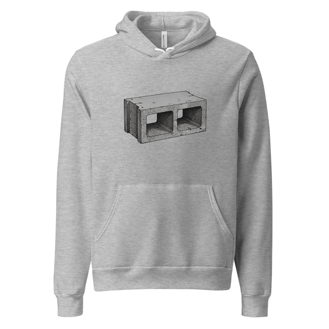 Stippled concrete cinder block graphic on pullover hoodie front.