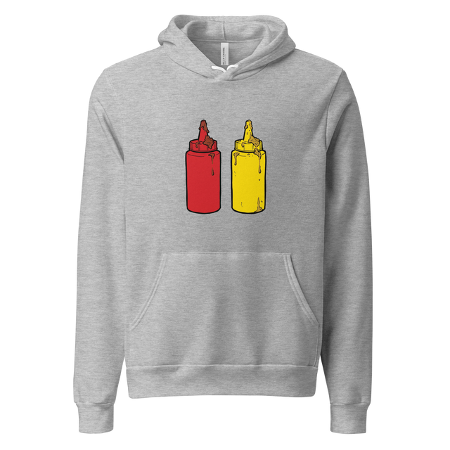Marker illustration of a messy squeezy ketchup and mustard bottle pair on a Pullover Hoodie.