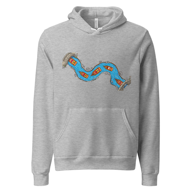 Winding river marker illustration featuring small sushi boats viewed from above on a pullover hoodie.