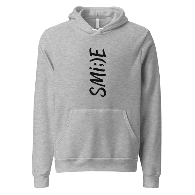 Black ink vertical typographic smile design on pullover hoodie.