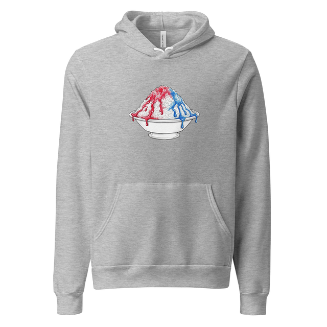 Delicate Kakigori shaved ice graphic in color pencils with dripping blue and red syrup on a white pullover hoodie.