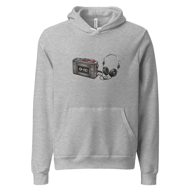 Pullover Hoodie featuring a cross-hatch illustration of a vintage cassette player and foam headphones.