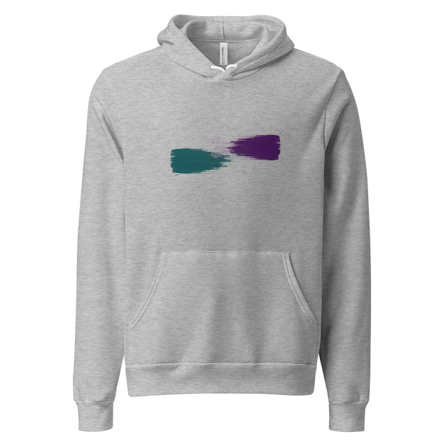 Wide deep teal and deep purple dry brush strokes fading on a minimalist Unisex Pullover Hoodie.