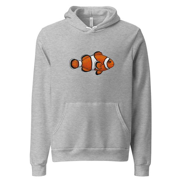 A minimalist unisex pullover hoodie featuring a vibrant orange and white clown fish rendered in a bold stippling dot pattern.