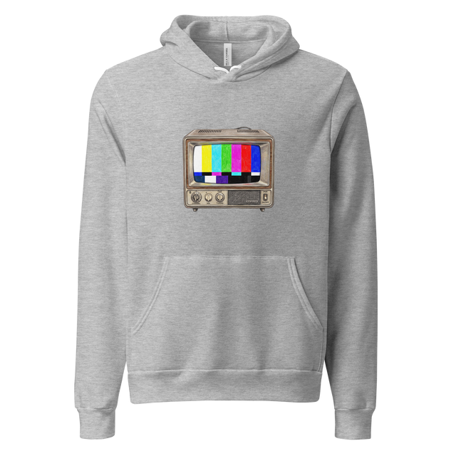 Pullover Hoodie featuring a vintage television set displaying a classic color bar test pattern rendered in colored pencil.