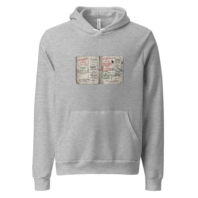 Hand-drawn color pencil illustration of faded passport visa stamps on a Pullover Hoodie