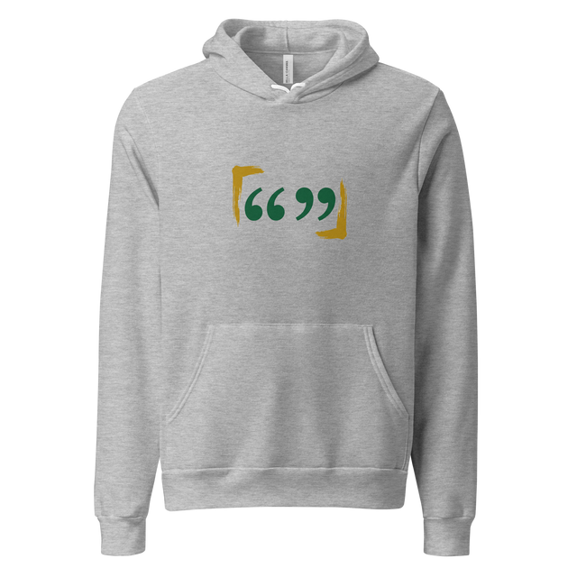 High-contrast digital illustration of English and Japanese quotation marks on a minimalist Pullover Hoodie.
