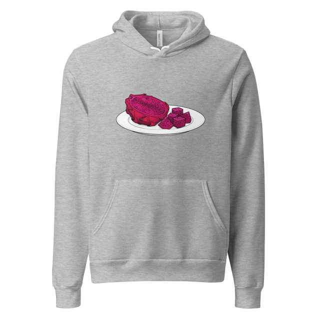 Stippled illustration of a sliced dragon fruit on a white plate, deep red center, pullover hoodie.